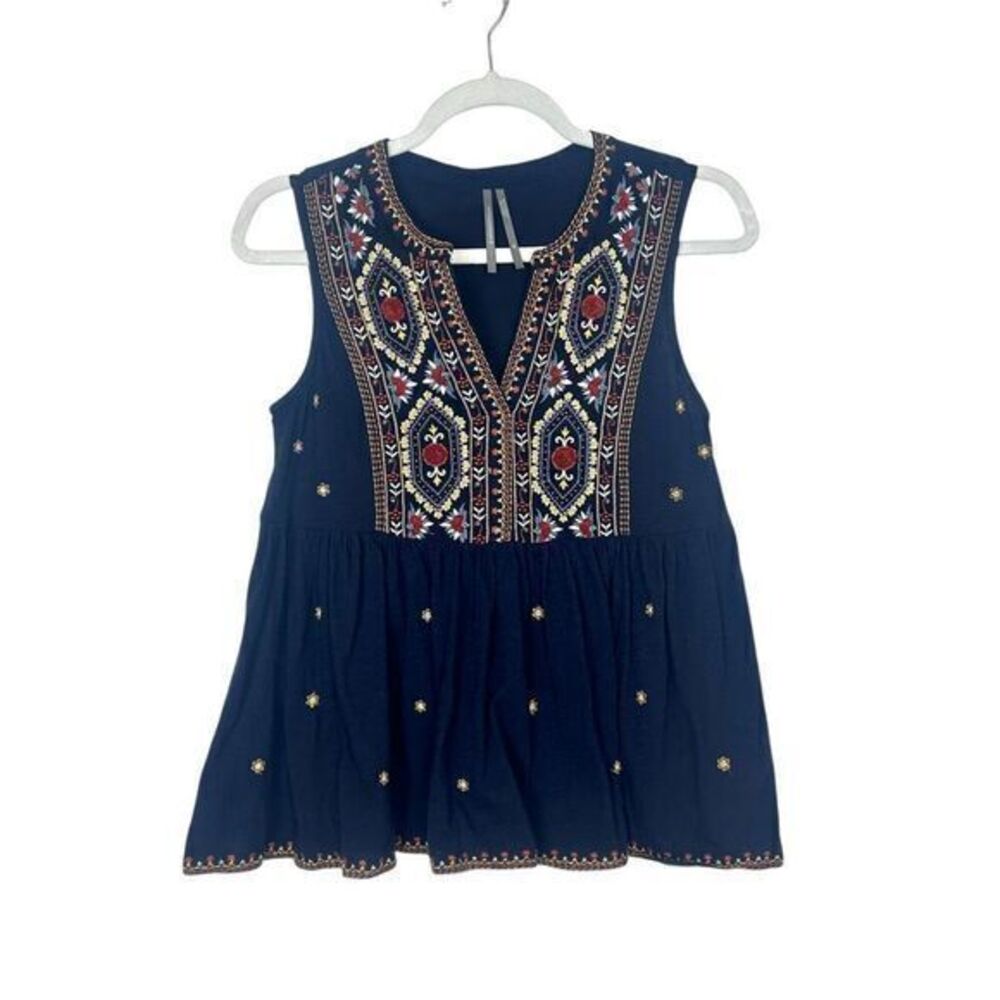 Anthropologie Blouse XS Navy Blue Boho Embroidered V Neck Sleeveless Cotton Top